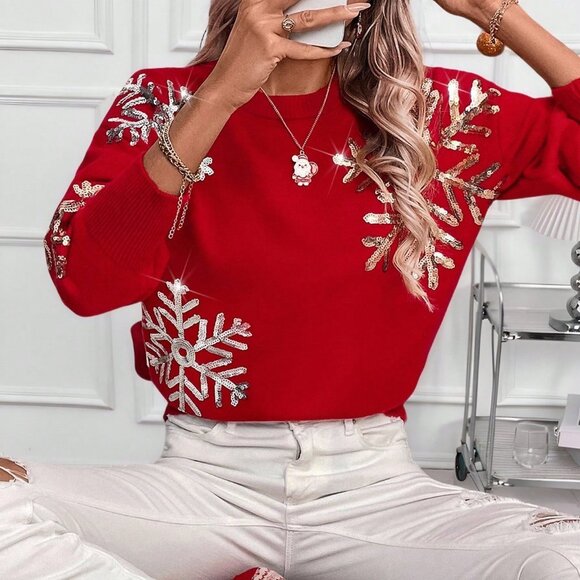 Red Casual Women's Round Neck Valentine's Day Patchwork Snowflake Sequin Sweater - Picture 1 of 7